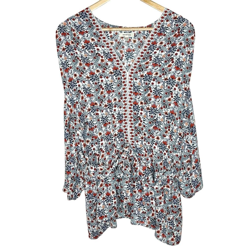 Max Studio Floral Top Orange Blue White Womens Size 1X Tie Boho Chiffon
